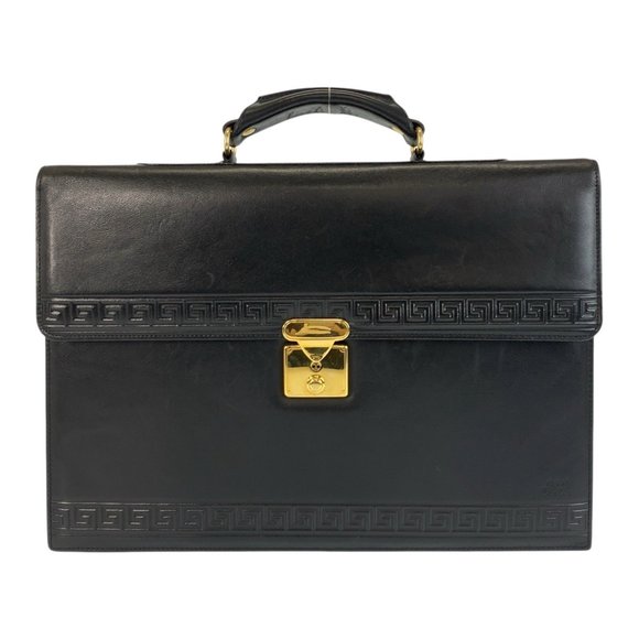 Gianni Versace Vintage Black Leather Business Briefcase with Gold